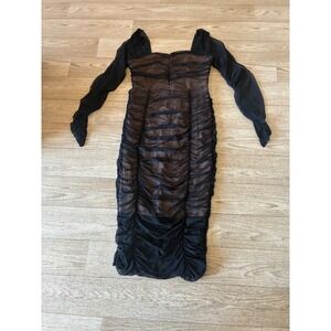 Black Mesh Ruched Bodycon Midi Dress Long Sheer Sleeve Square Neck Nude Lining